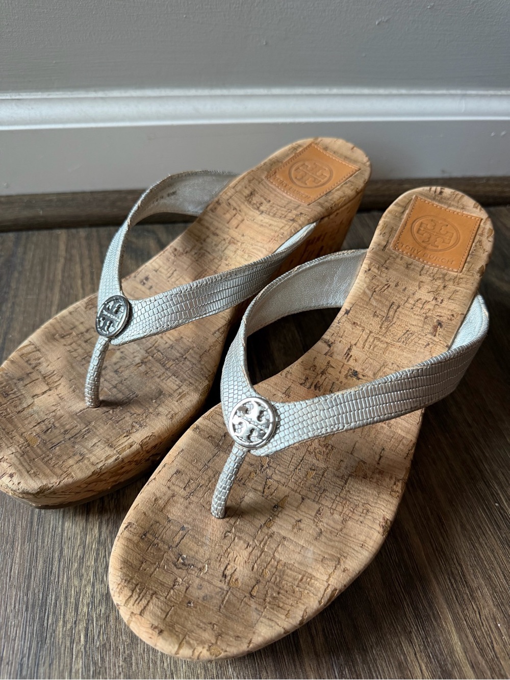 Tory Burch Silver Cork Wedge Thong Sandals